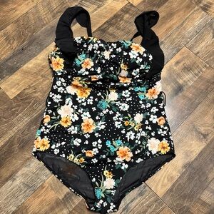 torrid Black Floral One-Piece Swimsuit with Yellow & Teal Blooms